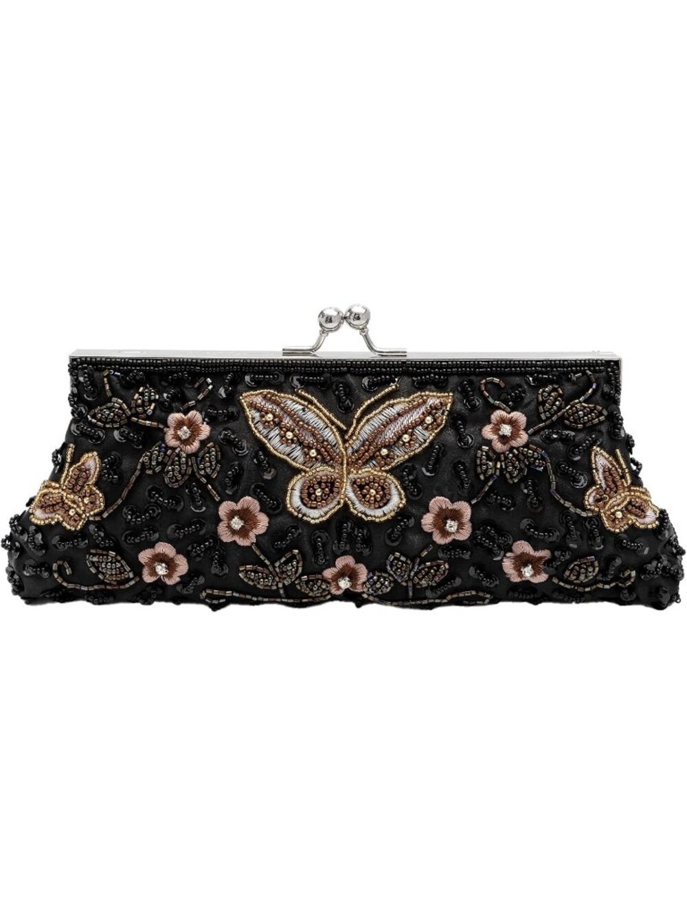 Womens Black Beaded Butterfly Embroidered Kiss Lock Frame Clutch Evening Bag